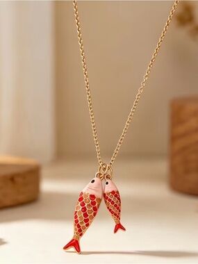 Gold-Tone Red Fish Pendant Necklace - Cute Double Fish Charm